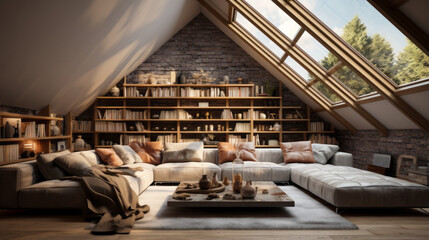 luxurious attic is a perfect place to relax and with plush furniture and a skylight