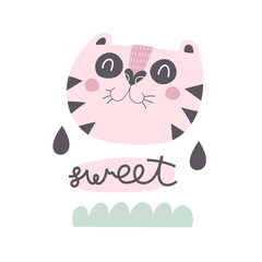 Sweet. cartoon cat, hand drawing lettering. colorful vector flat style illustration for kids. baby design for cards, prints, posters, cover