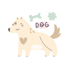 cartoon dog, hand drawing lettering . Colorful flat vector illustration for children. baby design for prints, posters, cards
