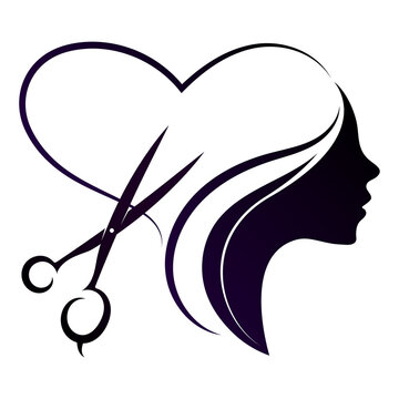 recommend clip art: Silhouette of a girl with a lock of hair in the form of a heart and scissors. Beauty salon and hairstyles symbol
