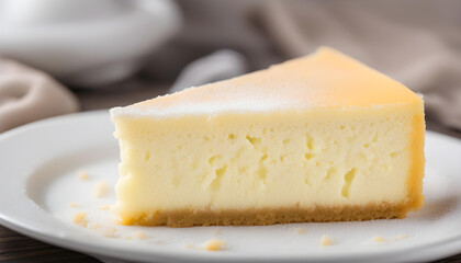 Closeup of a slice of delicious Japanese cheesecake in a white plate.