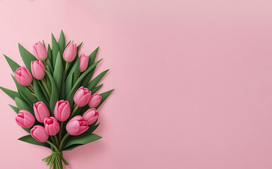 Bunch of pink tulips flowers on pink background. flat lay copy space top view 