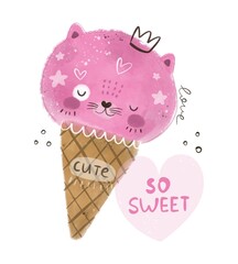 cartoon ice cream, hand drawing lettering. Summer colorful  illustration, flat style. design for cards, print, posters, logo, cover