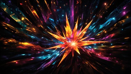 A celestial wonder emerges, a newborn star bursting with a kaleidoscope of vibrant hues and shimmering light, set against the inky depths of the unknown.


