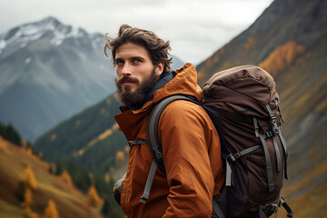 a bearded man with a backpack on his back stands against the background of mountains.