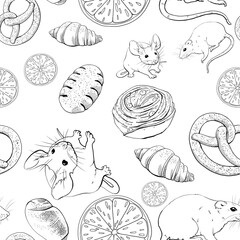 Mice, rats, oranges and pastries. Buns, croissants, rolls, pies, pretzels and other baked goods. Seamless pattern with graphic illustration. For printing on wallpaper, fabric, wrapping paper. High