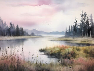 Fototapeta na wymiar Dusk's calm with dreamy watercolor landscape of distant hills