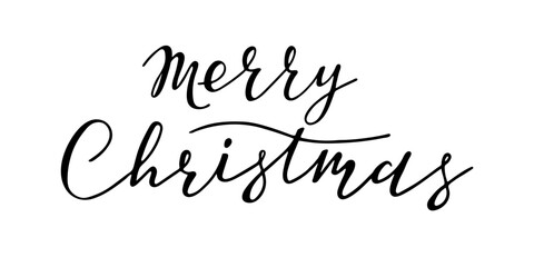 Merry Christmas hand lettering calligraphic phrase. Handwritten black inscription isolated on white. Design element for printing poster, card, banner, advertising. Typography print text