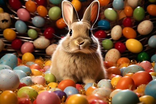Image of a festive rabbit surrounded by colorful Easter eggs. Generative AI