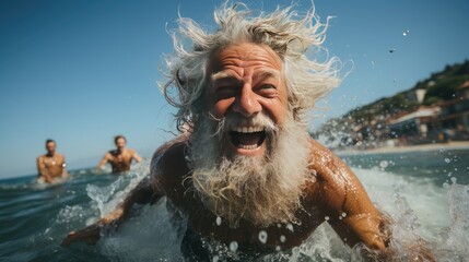 A happy senior man swims in the sea, swimming, playing, wild hair, grey, healthy, insured, successful, peaceful,  full white beard, splashes surround him with a blurred background, beachgoers watching