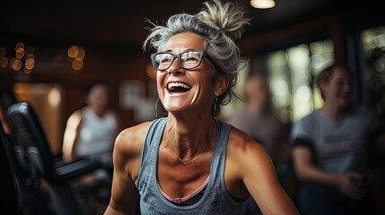 portrait healthy senior woman in the gym, exercising, happy, gym attire, laughing, workout session, silver hair is styled up, glasses frame a face, lively expression, fun and energy of staying active.