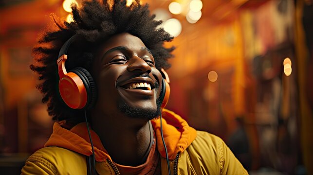 The image captures a close-up shot of an individual immersed in a moment of musical bliss. They're wearing vibrant orange headphones that rest snugly over their ears.  A warm artistic background.