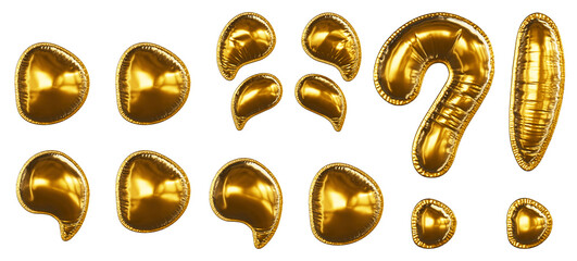 Realistic gold font 3D render - Set of Punctuation Marks: Period, Comma, Question Mark, Exclamation Point, Colon, Semicolon,  Quotation Marks. Inflated Balloons gold foil letter.  - obrazy, fototapety, plakaty