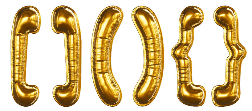 Realistic gold font 3D render - Set of Punctuation Marks: Parentheses, Braces, Brackets. Inflated Balloons gold foil letter. 