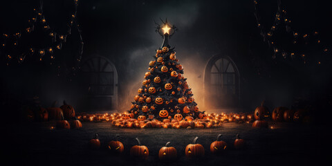 Halloween christmas tree made out of pumpkins