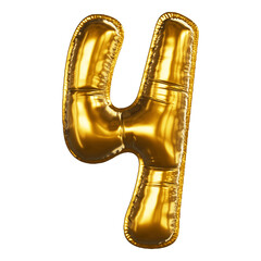 Realistic gold font 3D render - number 4. Inflated Balloons gold foil letter. Illustration isolated on a transparent background.