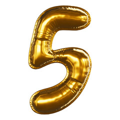 Realistic gold font 3D render - number 5. Inflated Balloons gold foil letter. Illustration isolated on a transparent background.