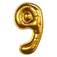 Realistic gold font 3D render - number 9. Inflated Balloons gold foil letter. Illustration isolated on a transparent background.