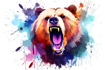 Modern colorful watercolor painting of a bear, textured white paper background, vibrant paint splashes. Created with generative AI