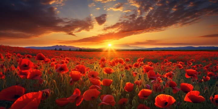 Banner with red poppy flower field, symbol for remembrance, memorial, anzac day