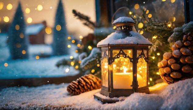 christmas lantern with fir branch and decoration on snowy