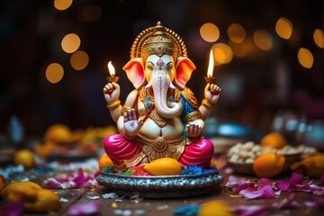 Statue of ganesha, most worshipped deities in the Hindu pantheon, on the background of blurred diwali lamps - obrazy, fototapety, plakaty