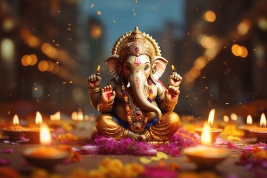 Statue of ganesha, most worshipped deities in the Hindu pantheon, on the background of blurred diwali lamps