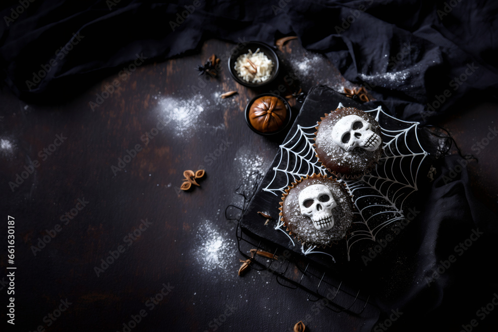 Wall mural Chocolate muffins with candy skulls and spider web frosting on a cutting board lie on the right on a dark concrete background with a kitchen napkin and copy space on the left, flat lay close-up.