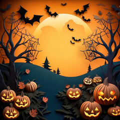 Happy Halloween background with clouds and pumpkins in the style of paper clippings. Full moon in the sky, spider web, skull, ghost and flying bats. Generative AI