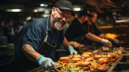 
Fast food restaurant worker cooking hamburgers in the restaurant's kitchen. Middle-aged man with tattoos and gray hair working happily in a junk food restaurant. Person cooking hamburgers. Copy space - obrazy, fototapety, plakaty