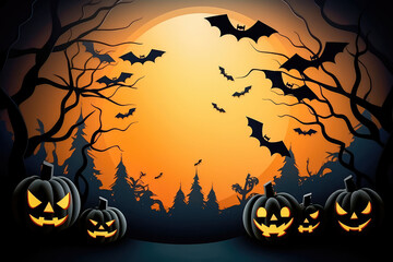 Happy Halloween background with clouds and pumpkins in the style of paper clippings. Full moon in the sky, spider web, skull, ghost and flying bats. Generative AI