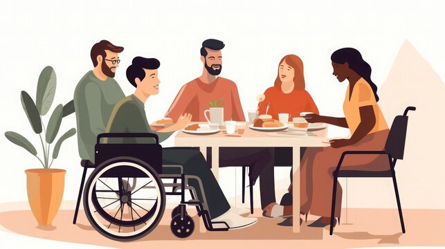 a group of people with disabilities have lunch at a table. Friends with disabilities. Living fully with a disability
