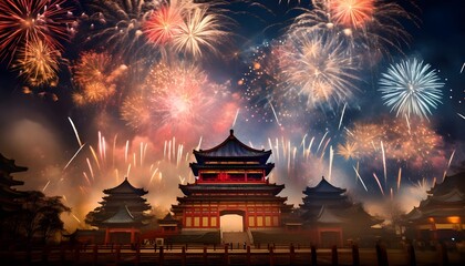 Overview of a chinese temple with fireworks celebrating chinese new year

