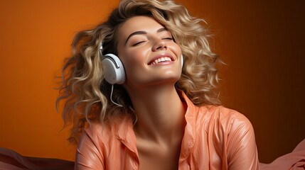 Photo of lady listen music look empty space open mouth wear earphones.