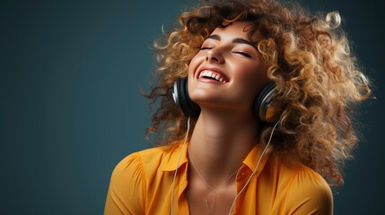 Photo of lady listen music look empty space open mouth wear earphones.