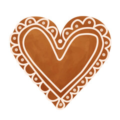 Christmas gingerbread in the shape of a heart, decorated with icing patterns. Vector watercolor illustration. Isolated vector illustration of cookies on a white background. 