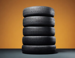 stack of tires for winter on an orange background. Car safety on rain and snow.