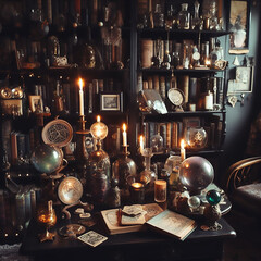 Fototapeta na wymiar Witch home interior with books, crystals, crystal balls, tarot cards, Shelves with alchemy tools, skull, spiderweb, a bottle with poison, candles, Wtcher workspace
