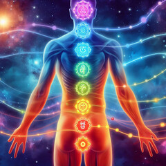 7 Chakras human body, Yoga meditation, aura, spiritual and Yin Yang symbols, balancing your life in nature concept.