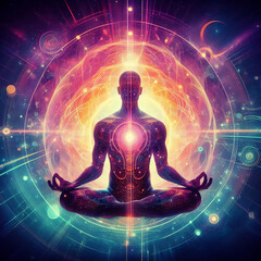 7 Chakras human body, Yoga meditation logus pose,  aura, spiritual and Yin Yang symbols, balancing your life in nature concept, spiritual enlightenment, spiritual dimension