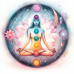 7 Chakras human body, Yoga meditation, aura, spiritual and Yin Yang symbols, balancing your life in nature concept. - obrazy, fototapety, plakaty