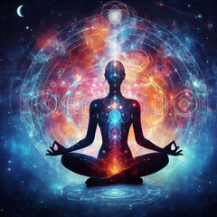 7 Chakras human body, Yoga meditation, aura, spiritual and Yin Yang symbols, balancing your life in nature concept. - obrazy, fototapety, plakaty