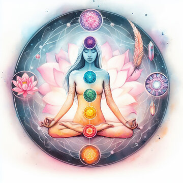 7 Chakras human body, Yoga meditation, aura, spiritual and Yin Yang symbols, balancing your life in nature concept.