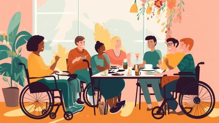 a group of people with disabilities have lunch at a table. Friends with disabilities. Living fully with a disability