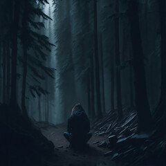 Lonely man in a hoodie walking in dark forest, concept of solitude, loneliness, solitary confinement. Dark mysterious composition, movie scene