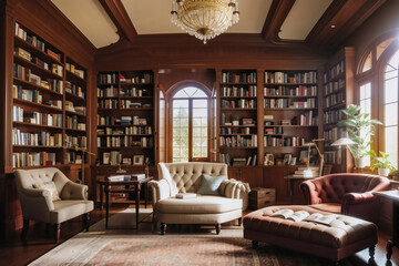 Library interior old in classic style, vintage library interior. Bookshelves in the library. Large bookcase with lots of books. Sofa in the room for reading books. Library or shop with bookcases.

