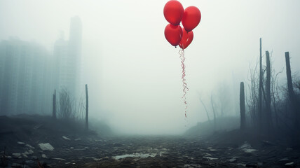 Misty black and white landscape with a red balloon flying. AI generated