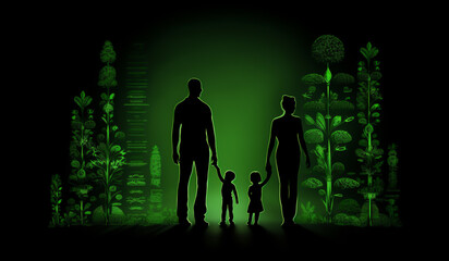 Silhouettes of family people against a light green background. AI generated
