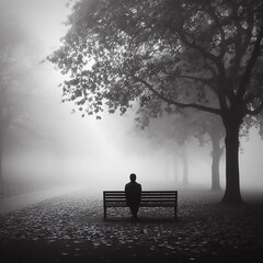 Lonely man sitting on a bench, concept of being lonely, concept of solitude, depression and anxiety.
