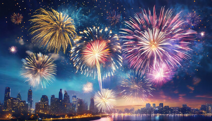 Fototapeta premium pyrotechnics and fireworks in city background with city sky
